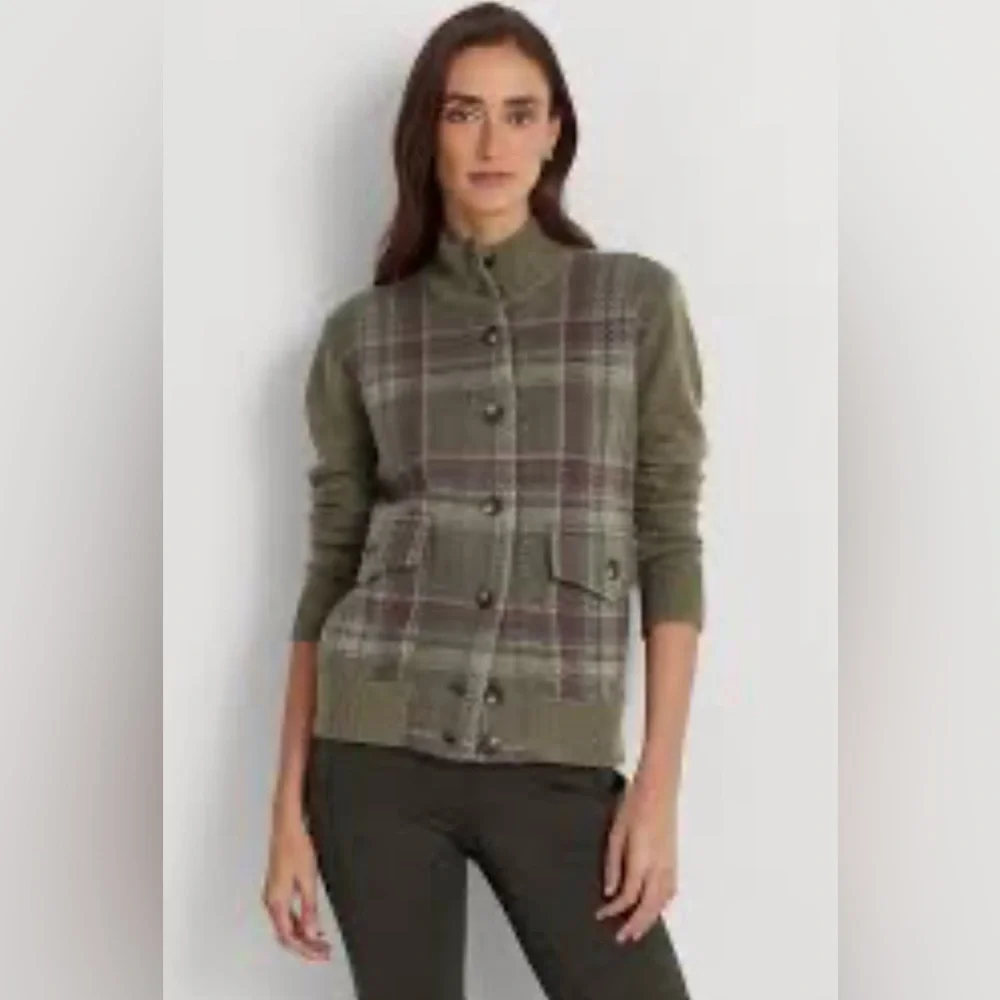 Lauren Ralph Lauren Women Multi Plaid Wool-Blend Coat Jacket Size L Color Sage - Picture 2 of 5